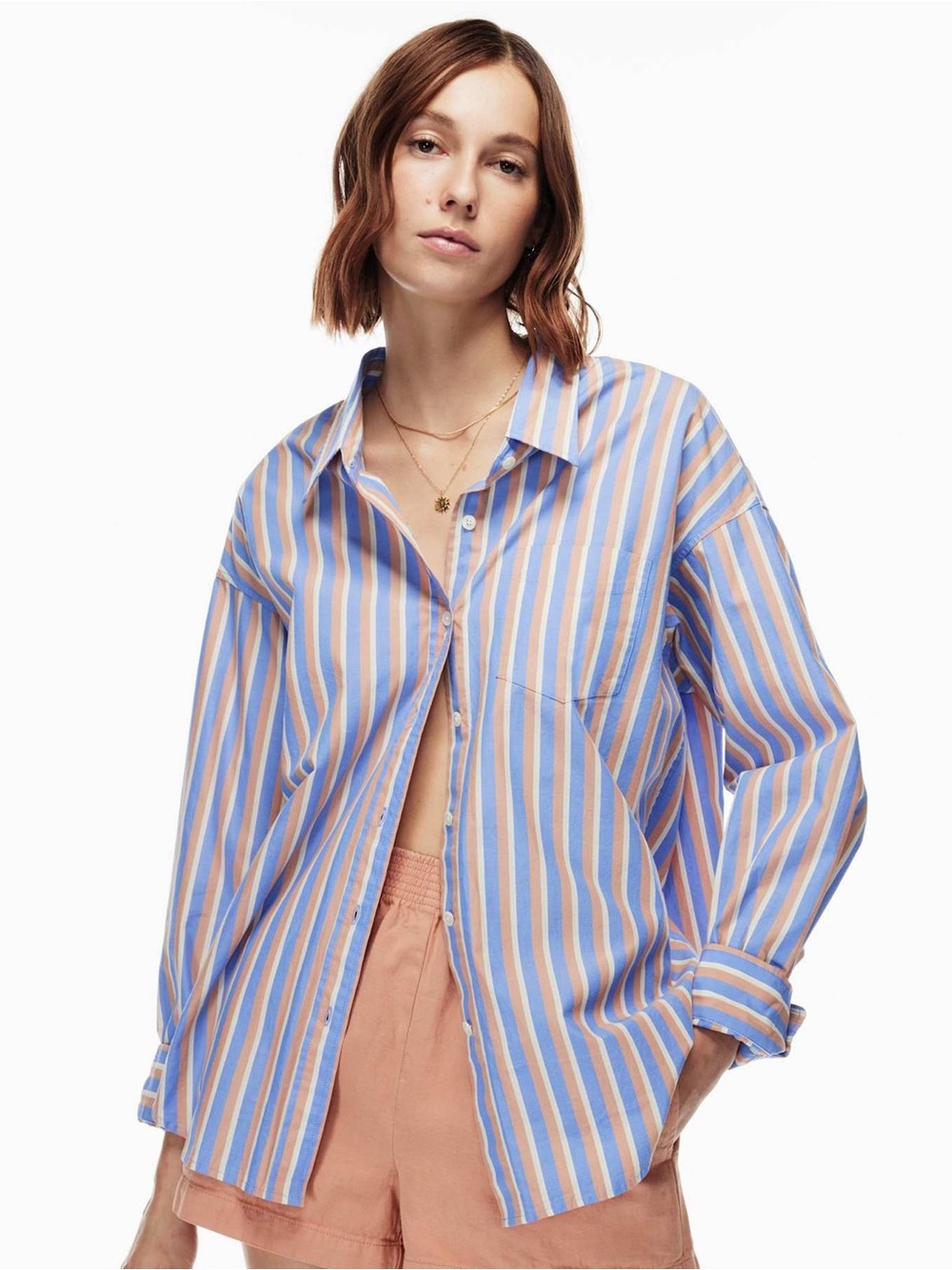 Wilfred Blue and Peach Striped Button-Down Shirt